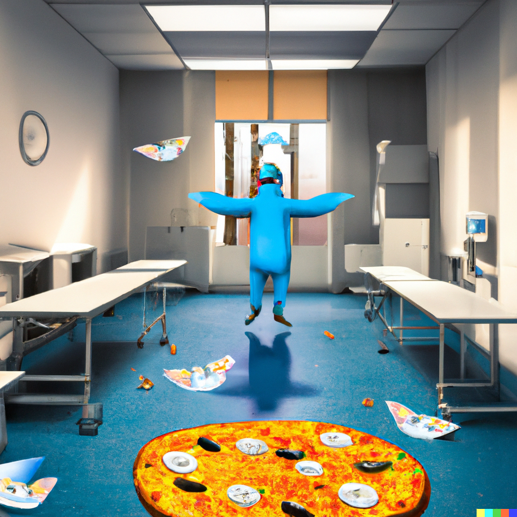 digital art from DALL-E-2 generated with the following prompt: digital art of a man in a business suit in an empty operating room in a hospital. all the doctors and nurses are gone and the floor is littered with pizza coupons. in the background is medical equipment. flying around are blue cartoon birds from twitter