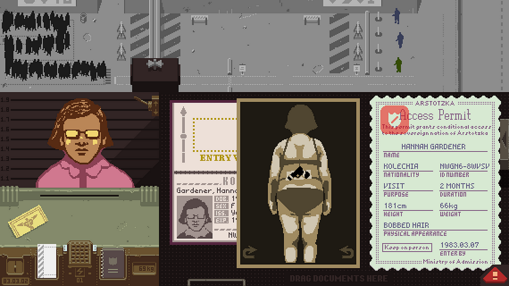Game interface of the game “Papers, Please”. At the left a woman can be seen that awaits entry. On the right side her documents as well as an X-Ray of her body can be seen.