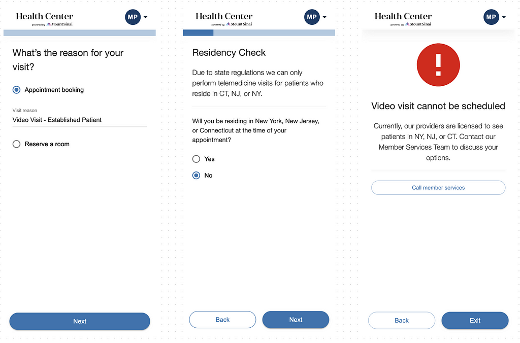 Three app screenshots show pages to select a video visit, a residency check, and a warning page if a visit can’t be scheduled due to the patient not being in the providers’ licenses States.