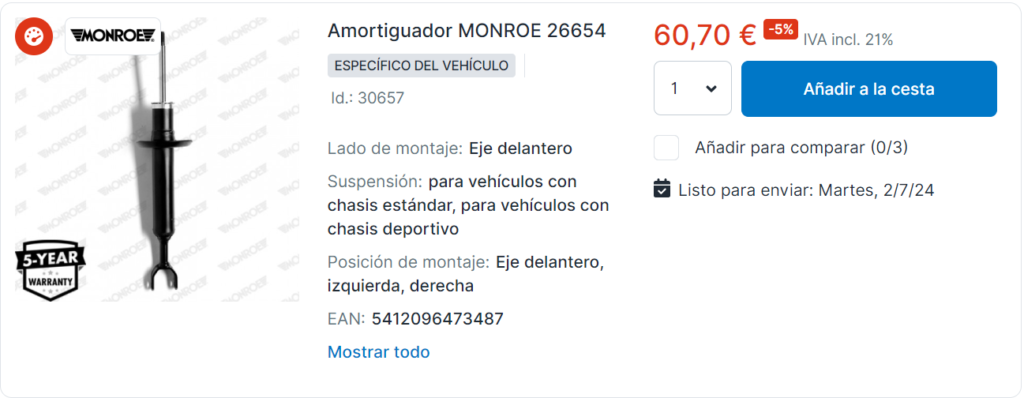 Amortiguador MONROE 26654 negro y plateado (60,70€). Compatible vehículos chasis estándar y deportivo. Montaje delantero izq./der. (Precio y fecha válidos 30/06/2024)