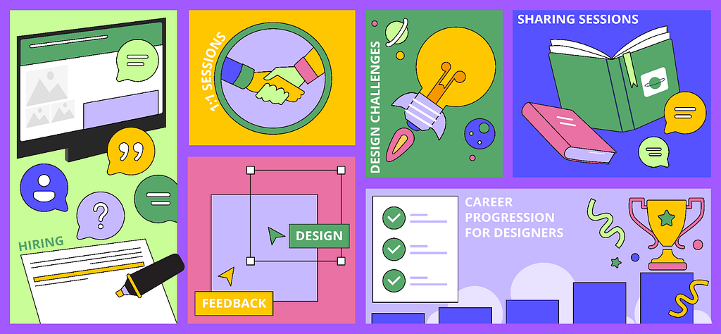 Activities to build up a design team including hiring, 1:1 session, design challenge, sharing session, design feedback, career progression for designers