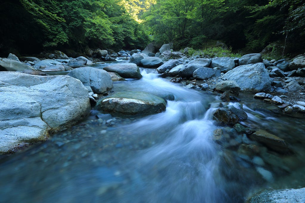 A Stream In The Middle Of Forest And Rocks, Flowing