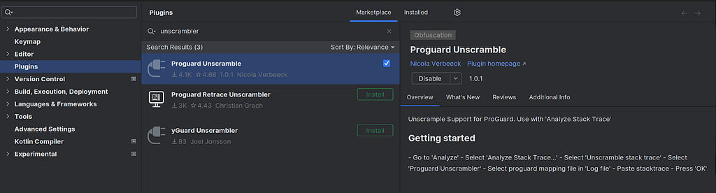 A screen showing AndroidStudio plugin marketplace with Proguard Unscrambler selected.