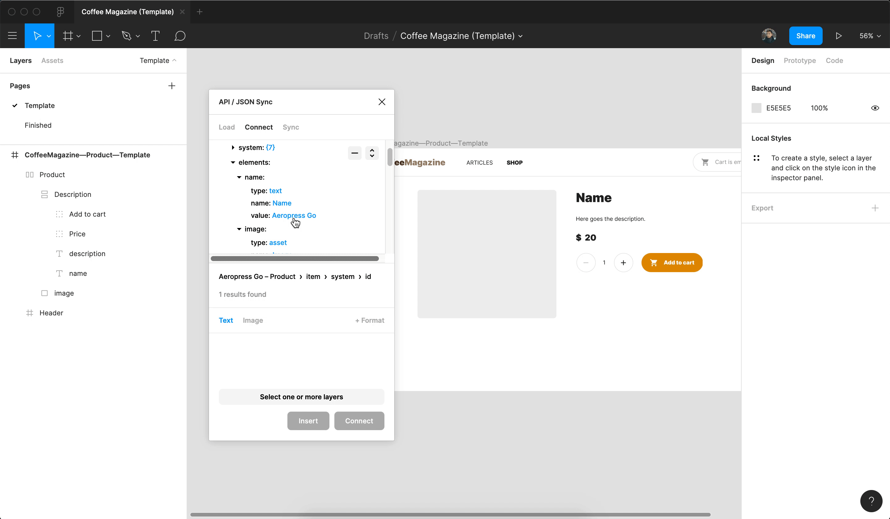 Connecting the content with elements in Figma using the API / JSON plugin.