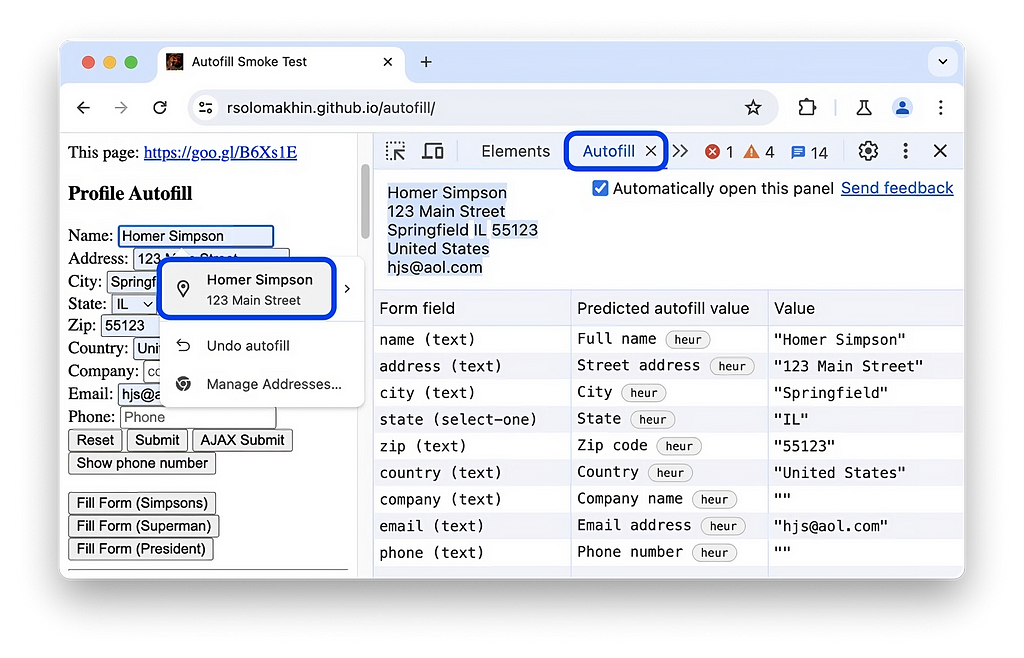New Autofill Panel in Chrome DevTools