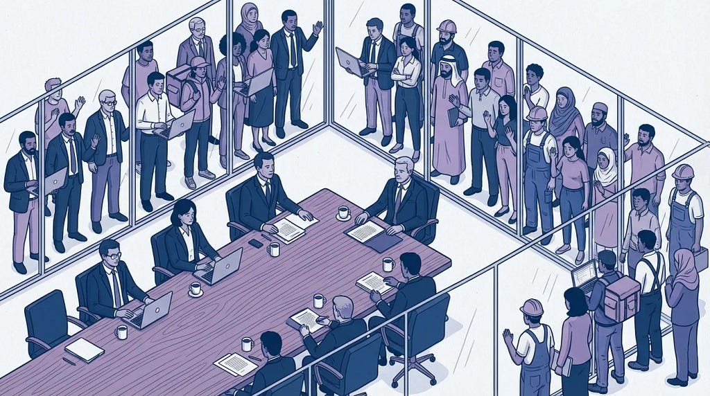 Illustration of a boardroom viewed from above at an isometric angle. Inside, executives in dark suits sit around a table with laptops, papers, and coffee cups. Outside the glass walls on all sides, a diverse crowd of workers (including people in hijabs, hard hats, traditional dress, and casual clothes, some holding laptops or luggage) look in and wave, trying to get the attention of those inside. They can see the meeting but have no seat at the table.