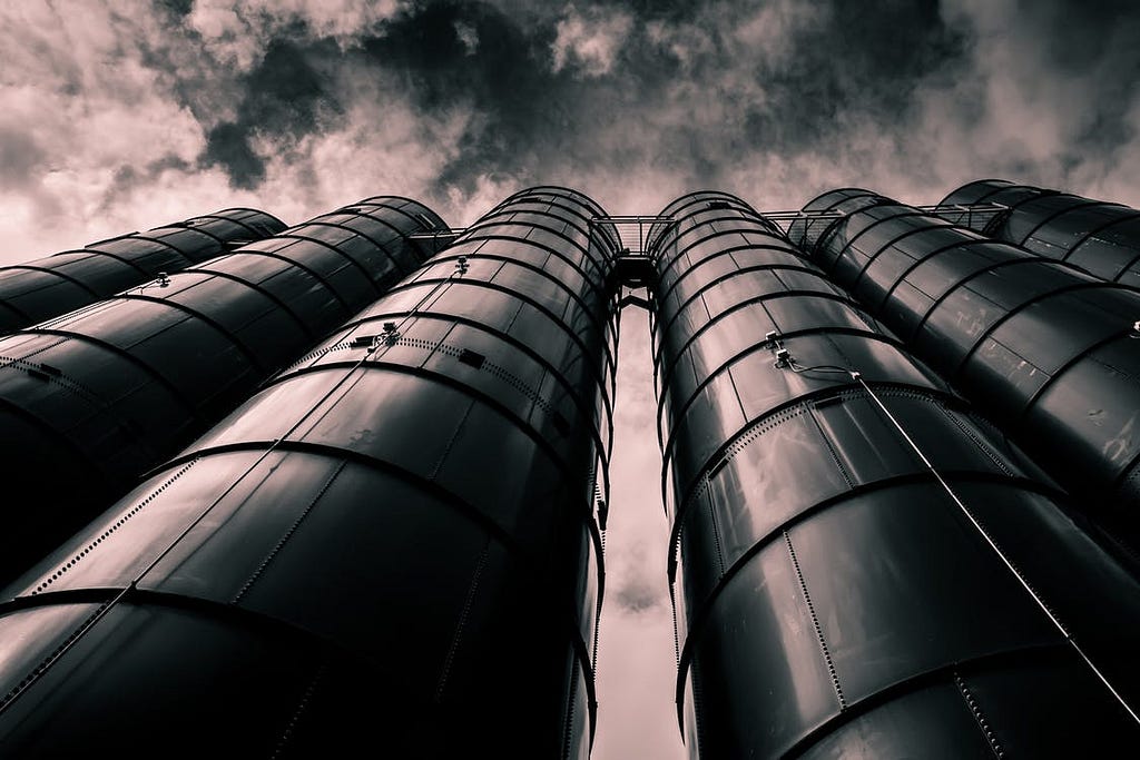 Silos from below, black and white