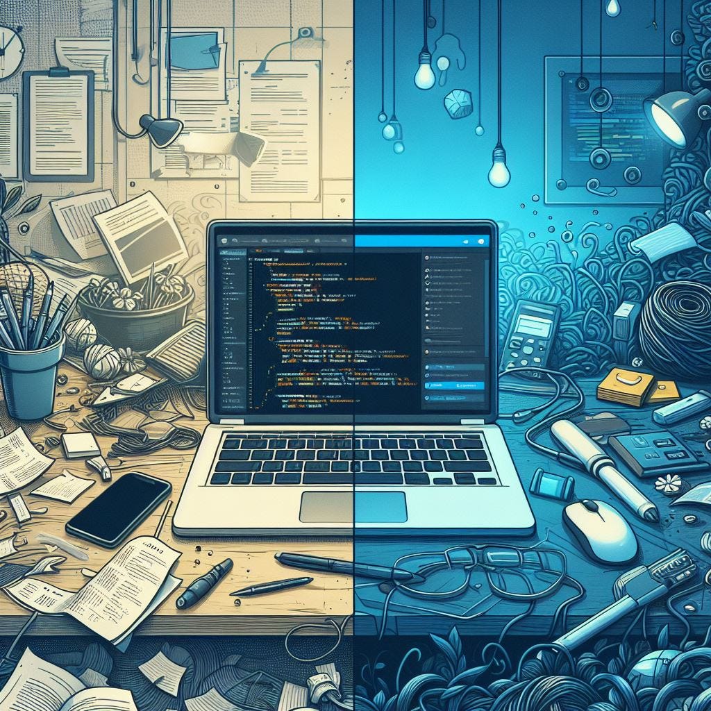 A split-screen design showing a traditional coding workflow on one side, with a messy desk and scattered papers, and a futuristic development environment on the other side, featuring Filament and MoonShine’s sleek interface and intuitive tools, to represent the benefits of using these tools in modern web development.