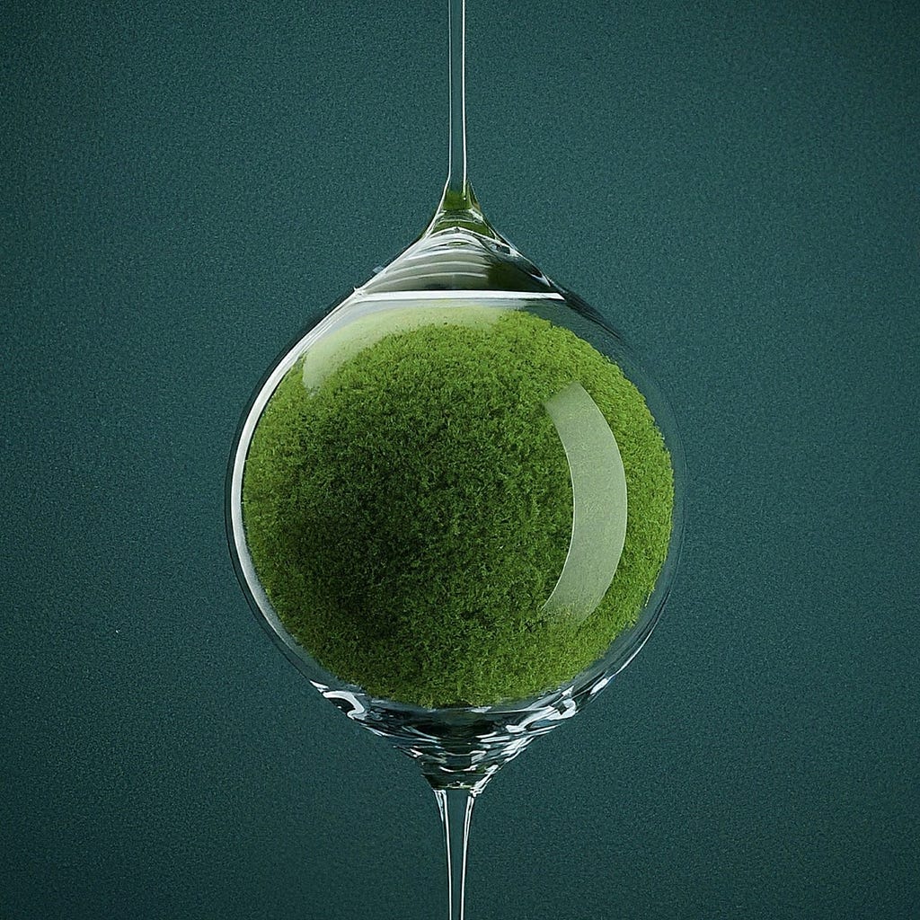 A water drop encapsulating a lush green mossy surface, symbolizing sustainability and the intricate relationship between water and plant life.