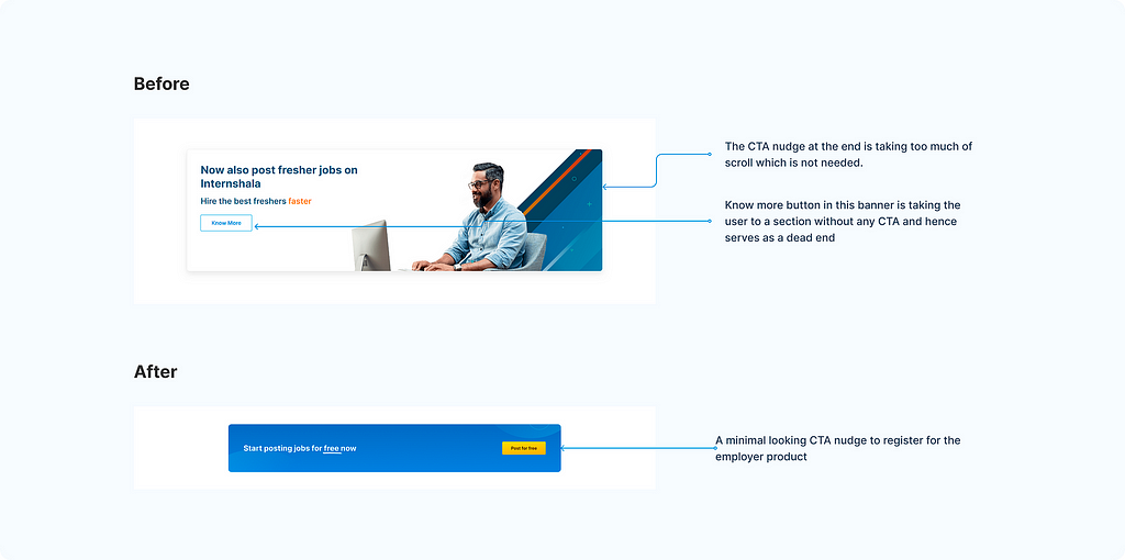 Before vs after comparison for CTA nudge before footer