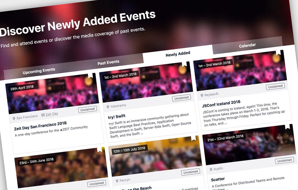 Screenshot showing the new “recently added events” page