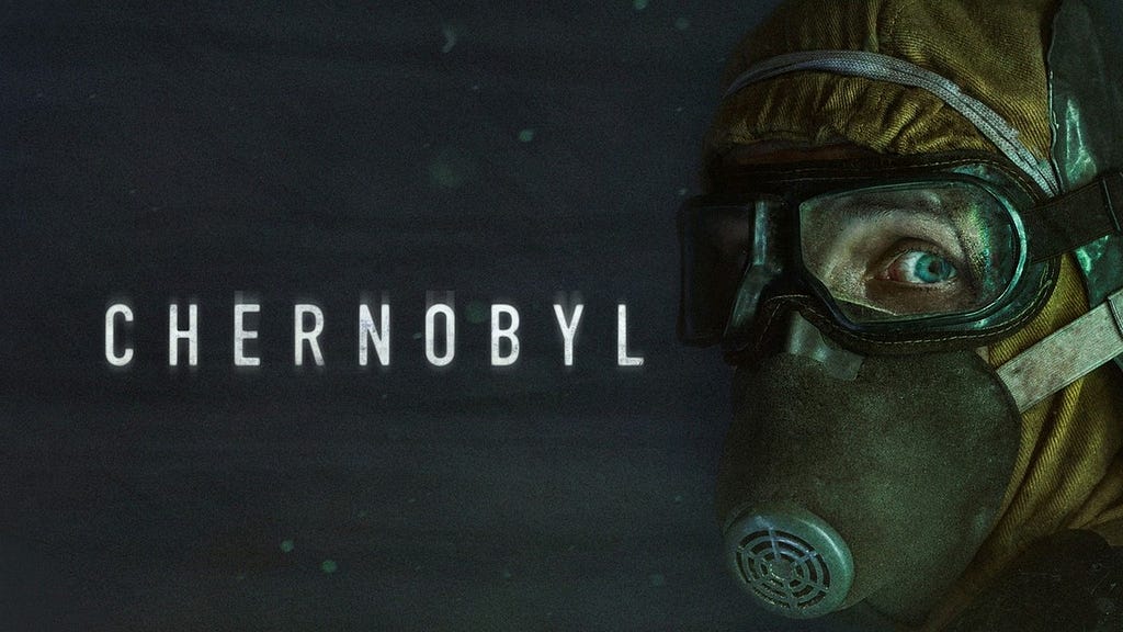 Man in gas mask next to text “Chernobyl”
