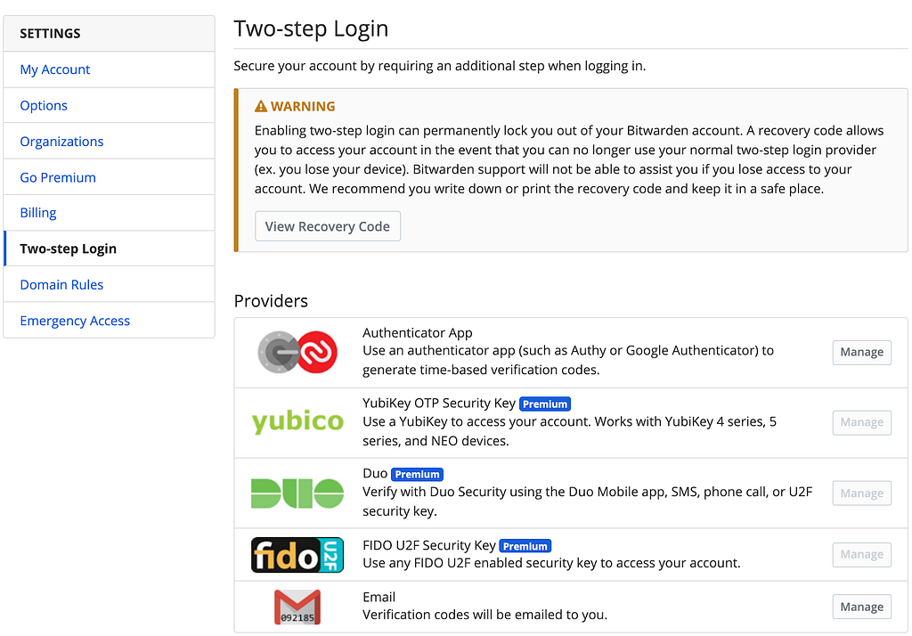 Screenshot of Bitwarden’s two-step login settings page, including multiple options for authentication tools.