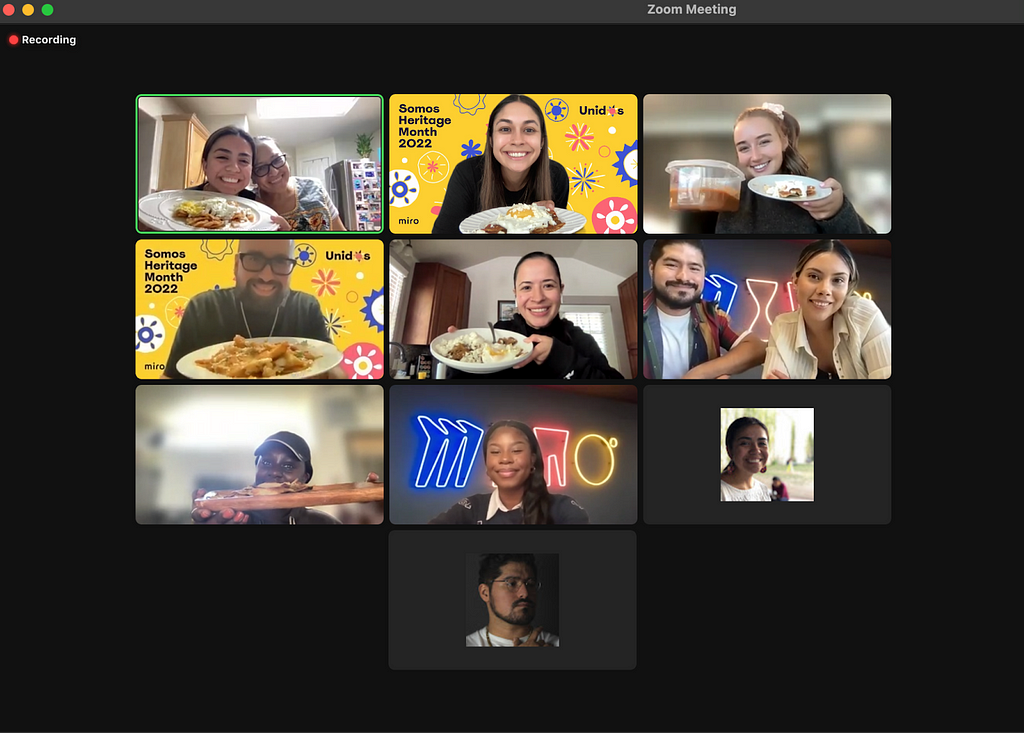 A Zoom screenshot of 10 Mironeers participating in an online cooking class, smiling at their cameras and showing off the chilaquiles they just made together.