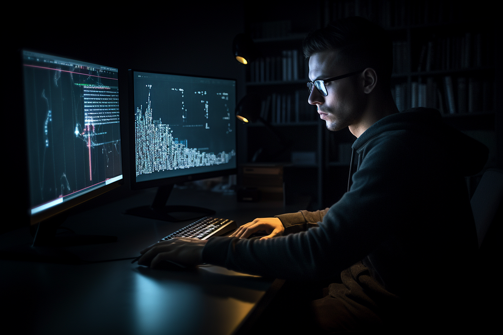 A young man, 29 years old, working late into the night at his computer, analyzing data and developing environmental solutions, highlighting his dedication to the cause, determinated.