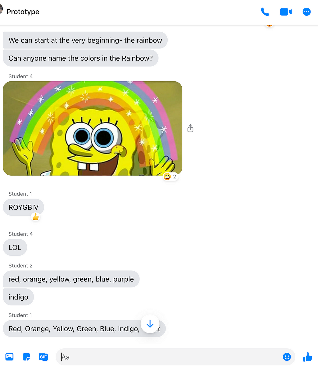 Two screenshots of a group message titled “Prototype” on Facebook messenger. Students 1, 2, and 4 and the Teacher chat about color theory, with Student 4 providing images from popular culture such as Spongebob miming a rainbow and the “Buff Brown” Among Us character.