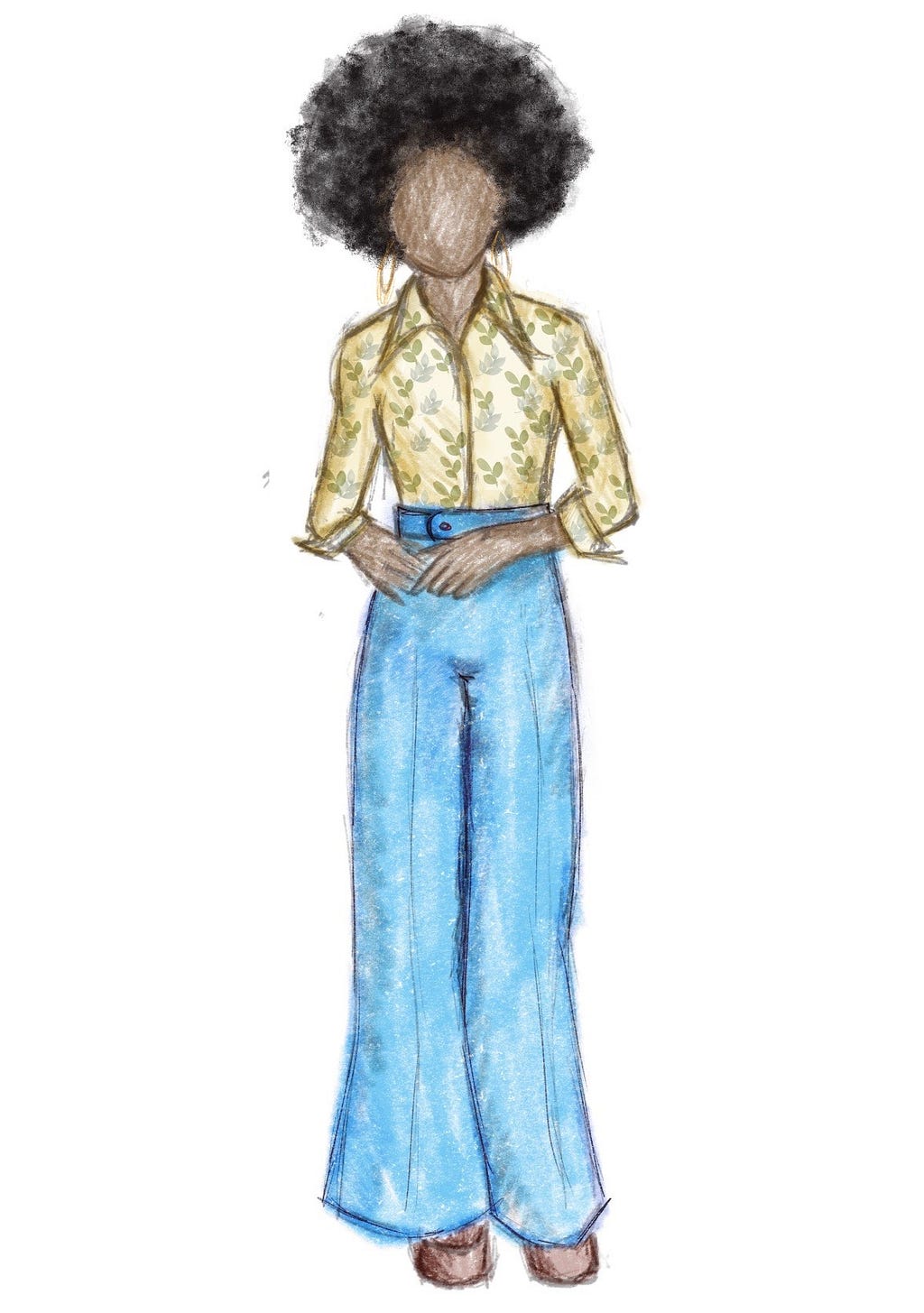 An illustration of a young black woman (me) in the 70s wearing floral shirt with blue wide piped trousers and an Afro