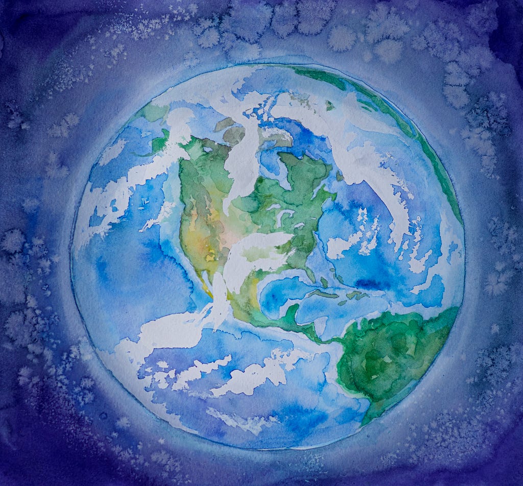 Planet Earth (South and North America) painted by watercolor