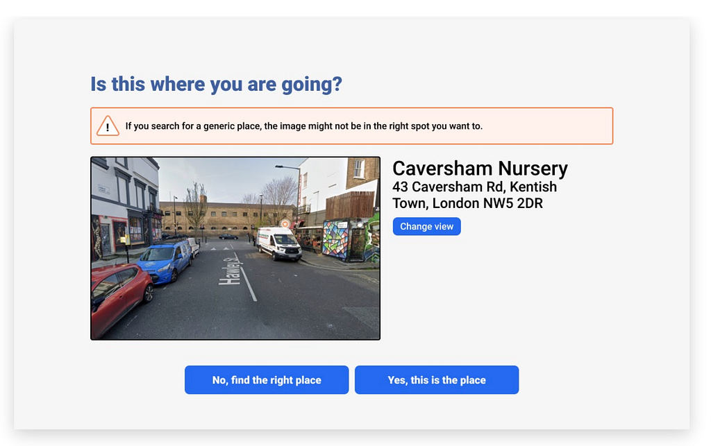 A screenshot of a product Snook designed, Plan Ahead showing a google image of street with directions on how to navigate it