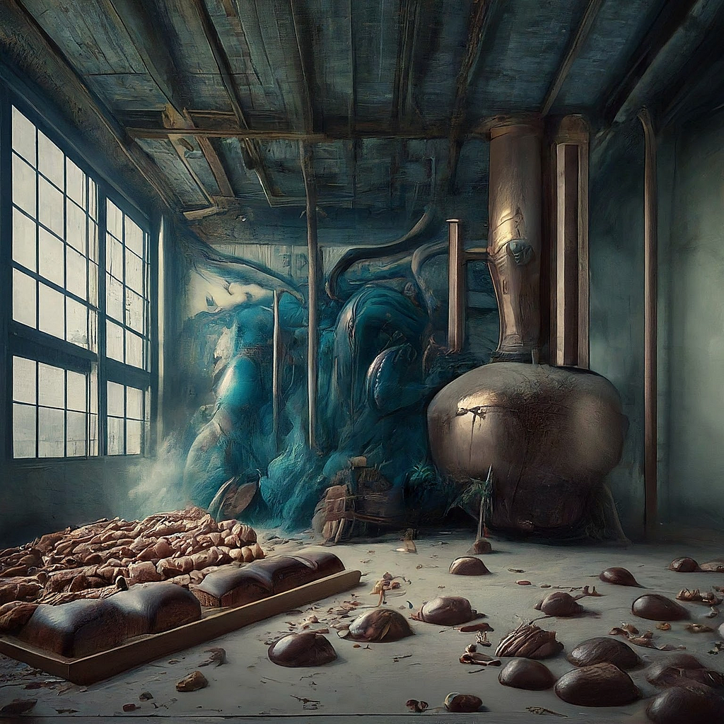 A haunting depiction of a gloomy, confined space where chocolate candies are being made, illuminating the dark side of the chocolate industry linked to child labor.