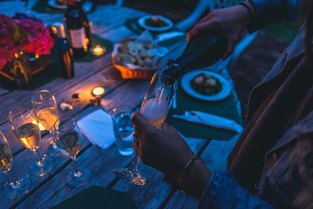 Outdoor champagne in the evening