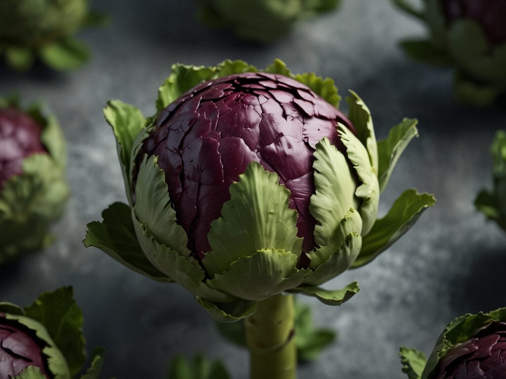 Close-up of a fresh hydroponic artichoke with green leaves, on a dark background, highlighted by soft lighting.
