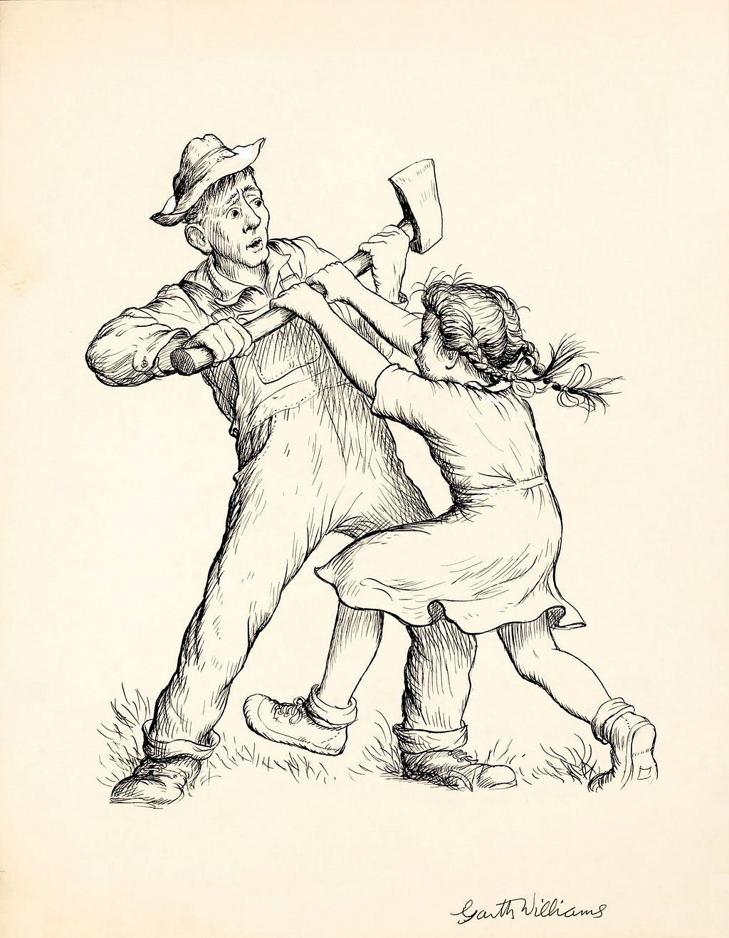 Dont Kill Wilbur! John Arable fights with his daughter Fern over an axe as he intends to kill the runt Wilbur.