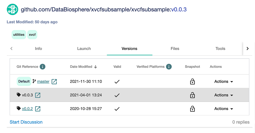 Screenshot of the Dockstore entry for xvcfsubsample.