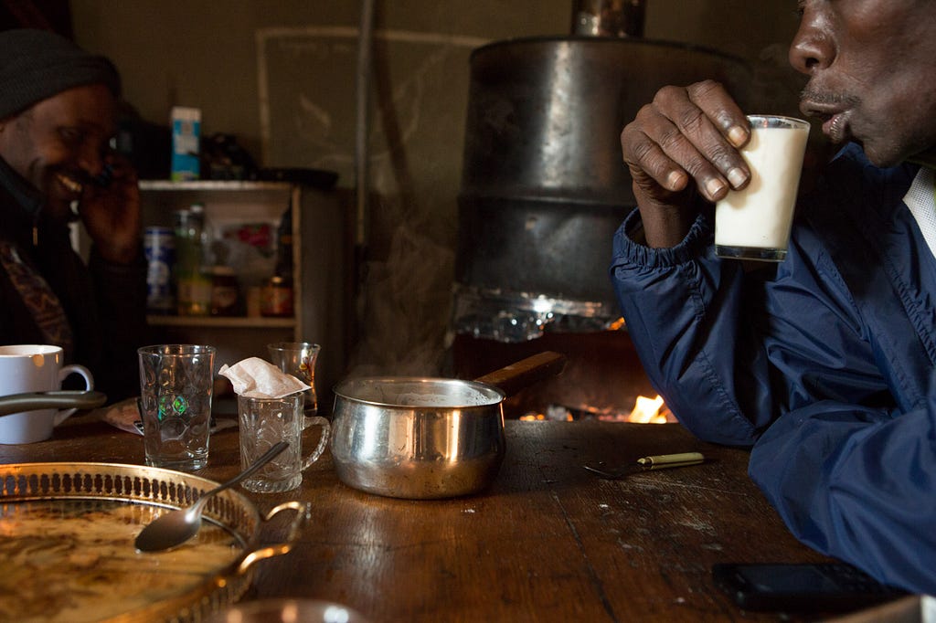 Customs also nourish us. Chai ibn, or sweetened milk tea, is a typical morning breakfast in a Sudanese lumma, or informal gathering place, where friends share meager.