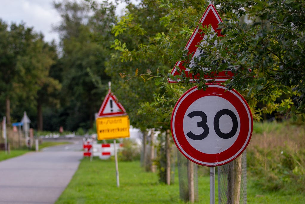 Two yield signs on the side of the road. The sign in the foreground is covered with branches from a tree and has a number 30 circled with red beneath it. The sign set further back is slightly blurred.