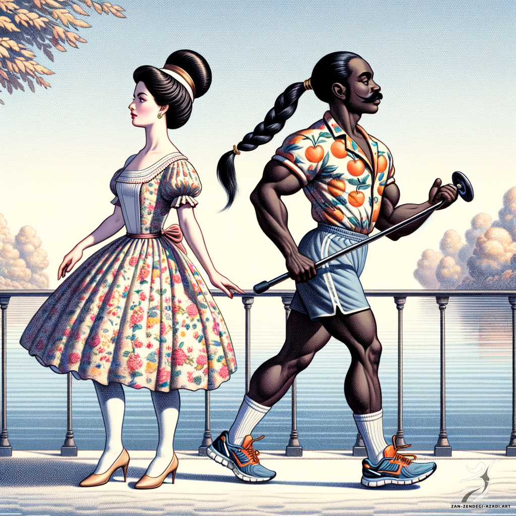 One  women with a updo hairstyle and wearing floral print dress, and one man with a ponytail and wearing shirt dress, are exercising in gym clothes at a lake , rendered with dream-like scenes and anachronistic juxtapositions
