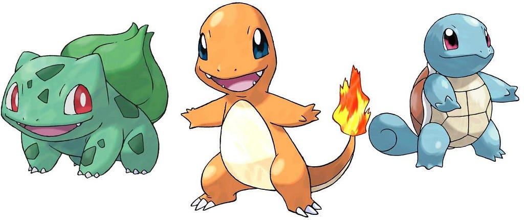 bulbasaur, charmander, and squirtle