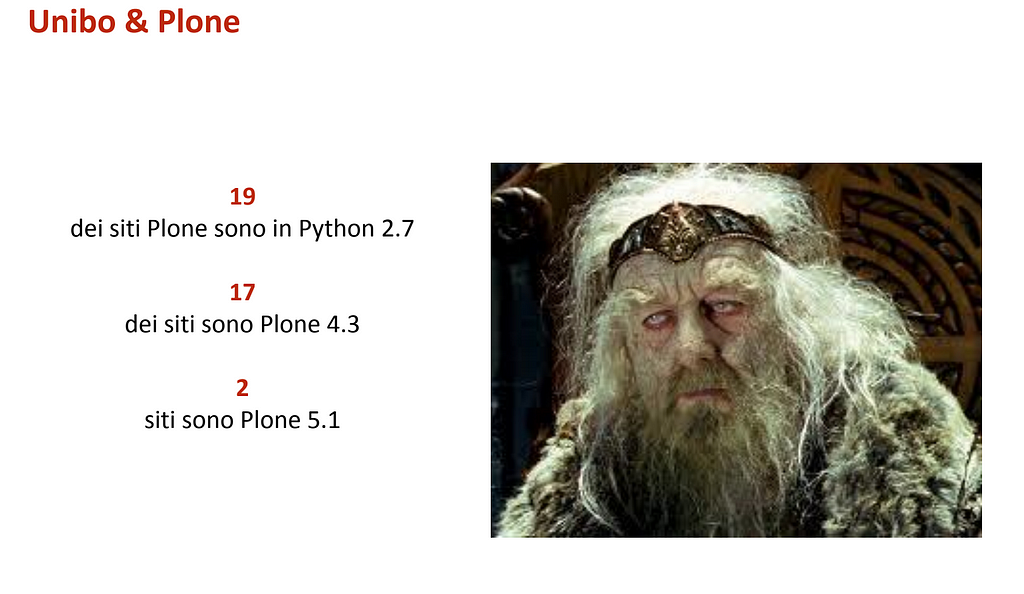 Visualizzazione dei principali dati relativi a Unibo e Plone: 19 dei siti Plone sono in Python 2.7, 17 dei siti sono Plone 4.3 2 siti sono Plone 5.1