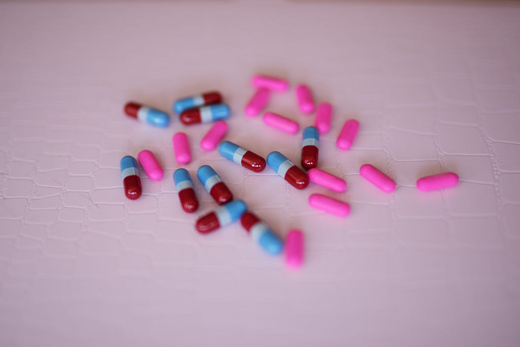 Capsules lying on a counter