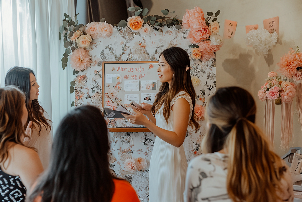 The bride explains the ‘Where Were They?’ game to guests in front of a photo display.