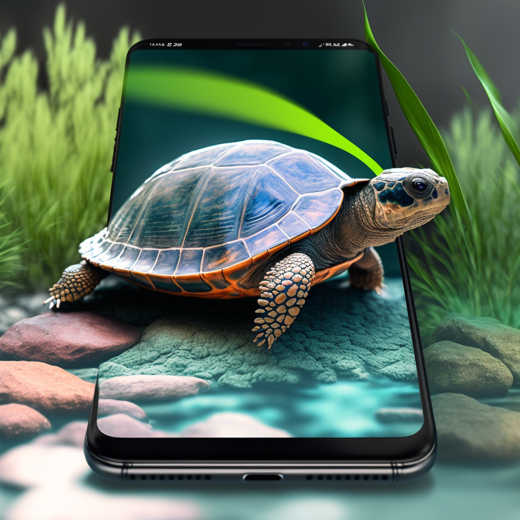 A turtle is crawling on a mobile phone