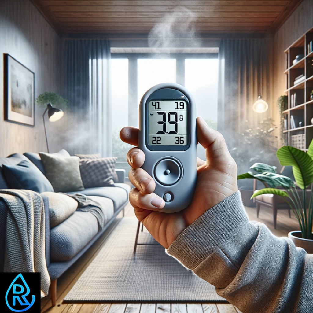Close-up of a hand holding a digital hygrometer displaying indoor humidity levels, essential for monitoring home environment to prevent mold growth and ensure effective indoor air quality control.