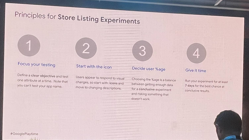 Slide Google Playtime LATAM 2023: Principles for Store Listing Experiments.