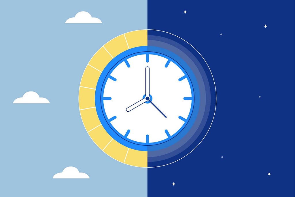 Cartoon clock with night and day on right and left