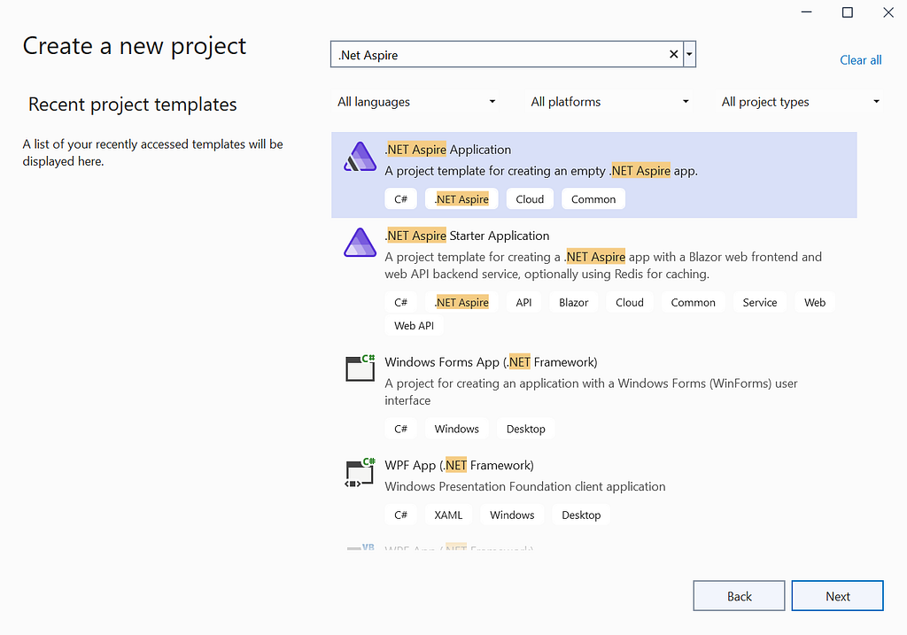 Create .NET Aspire Project in VS 2022 Preview