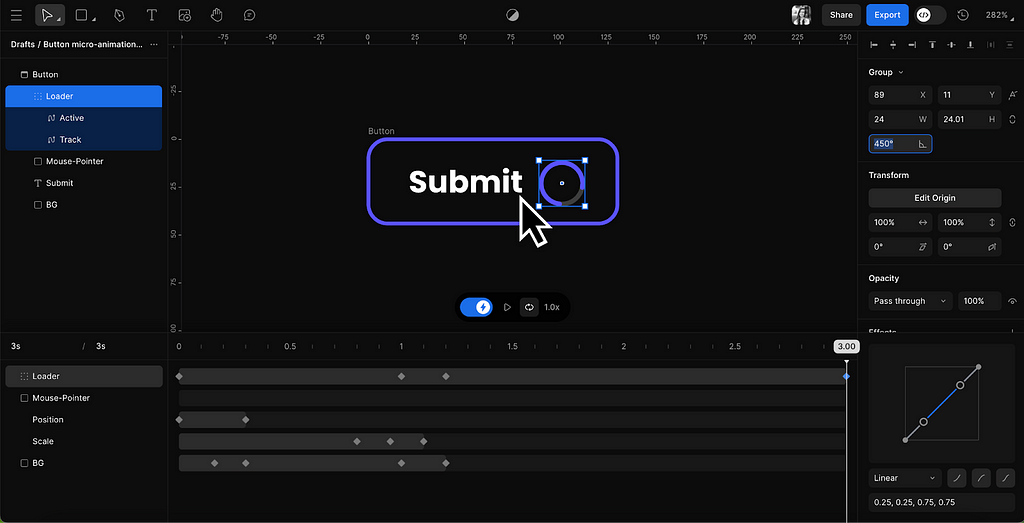 Phase’s interface showing the loader symbol rotating for the remainder of the animation to show the button request is being processed