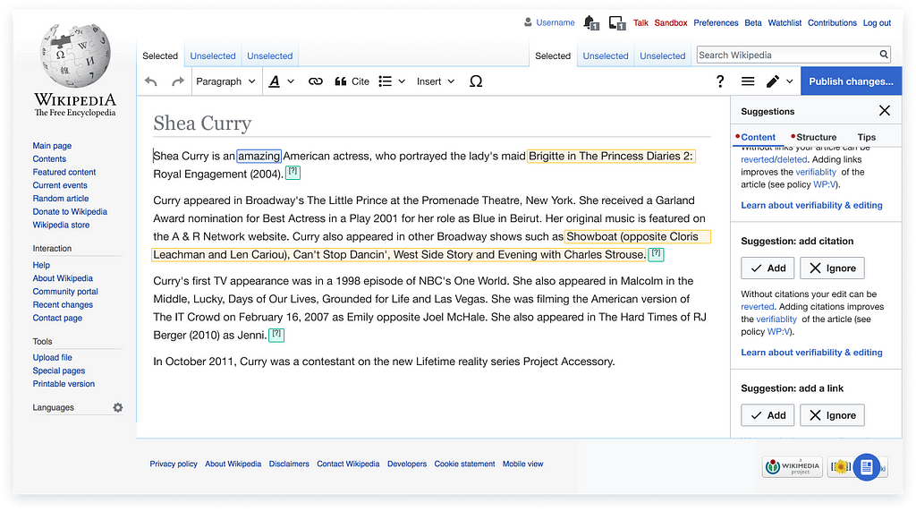screen shot of Wikipedia page in edit mode