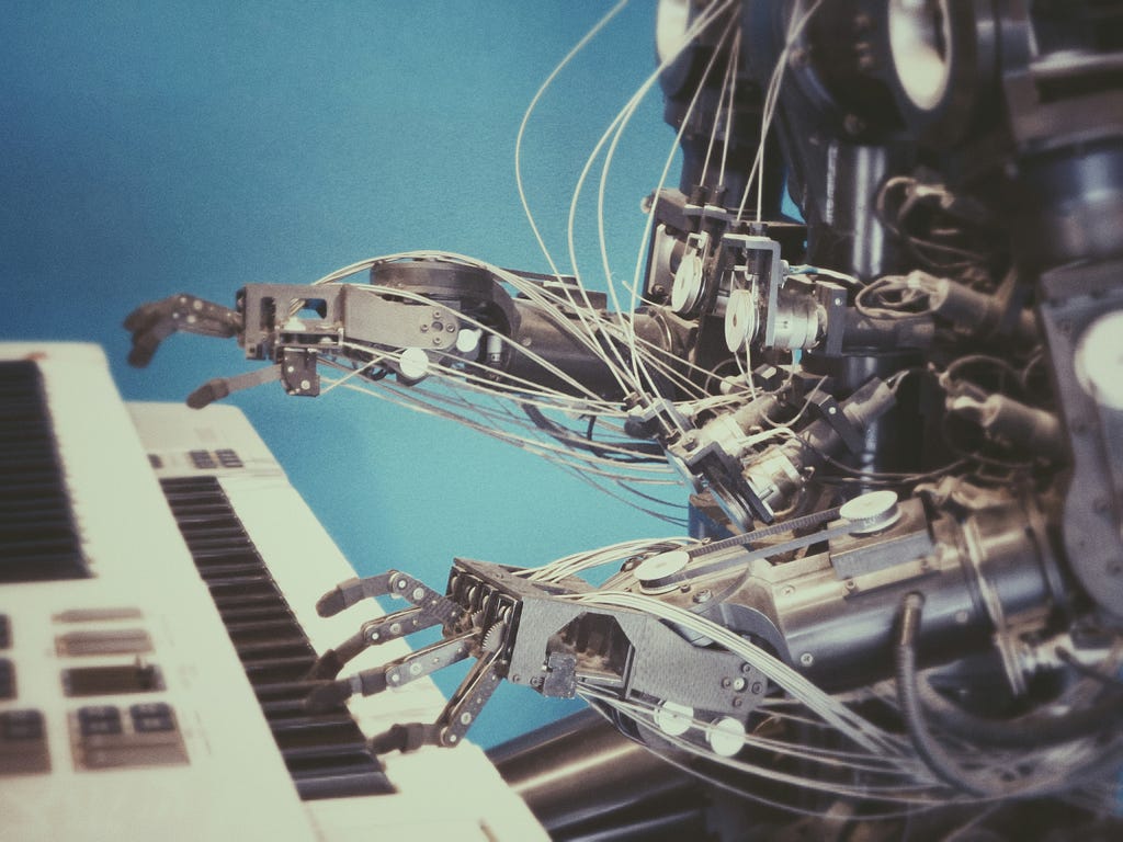 the image depiciting an AI Robot playing a piano
