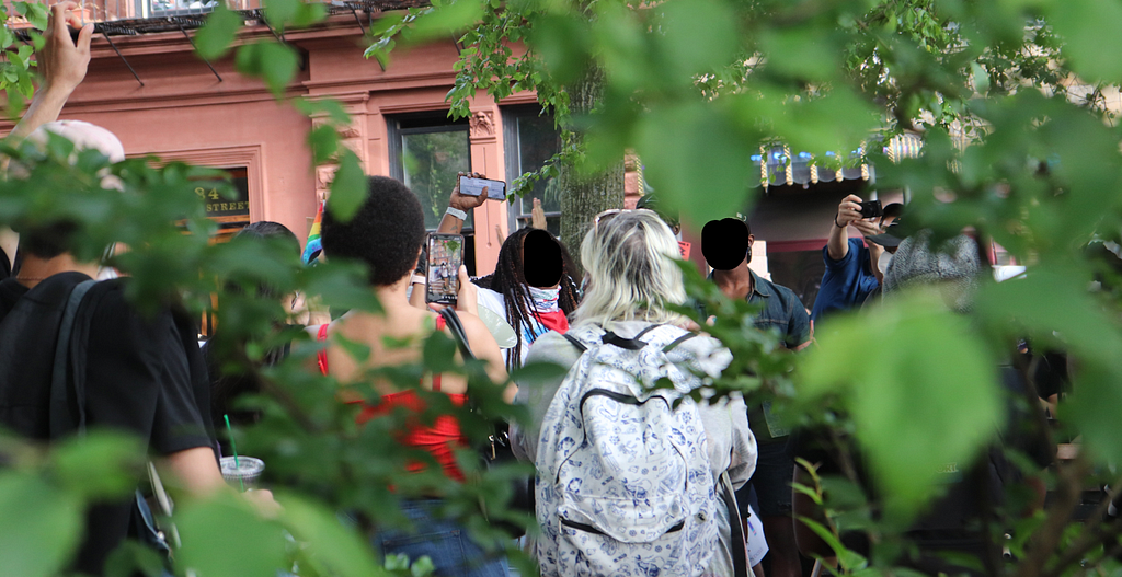 Surrounded by greenery at every angle, a group of activists and protestors raise their fists in Christopher Park, Manhattan.