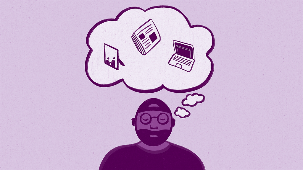 An illustrated version of Timothy closes his eyes under a though bubble displaying a picture frame, a newspaper and a laptop.