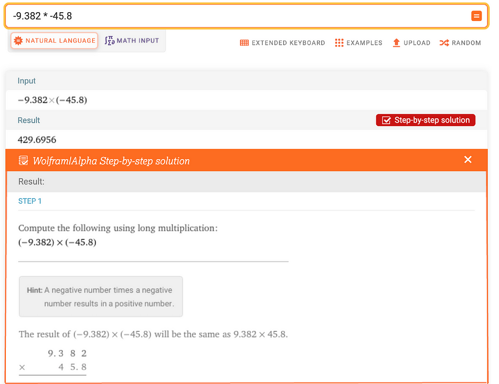 A long multiplication query with decimal places, with the search bar and the resulting response showing in the screenshot