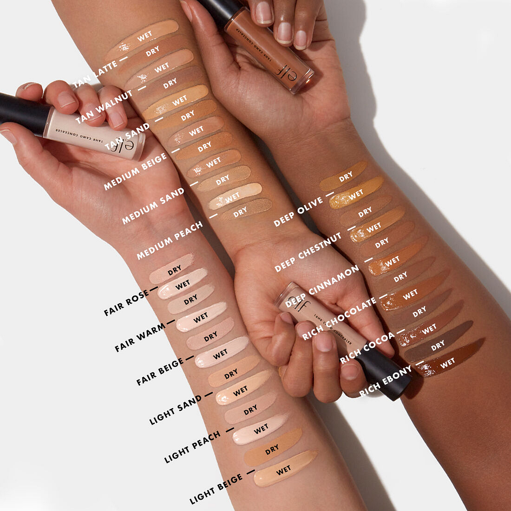 e.l.f. 16HR Camo Concealer color’s wet and dry swatches.