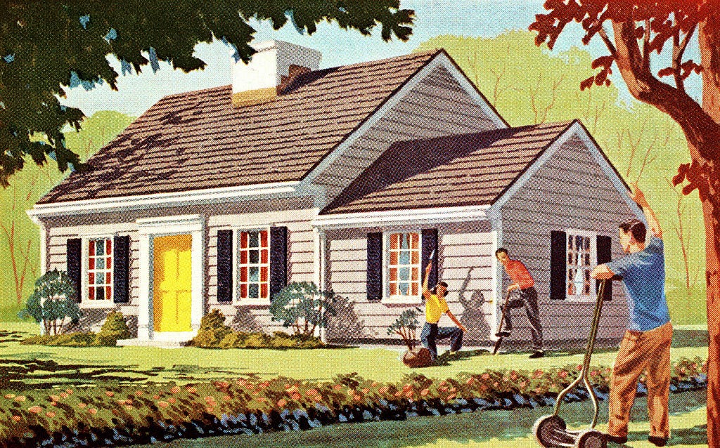 Vintage illustration of a person with a push lawn mower waving at neighbors in their front yard.