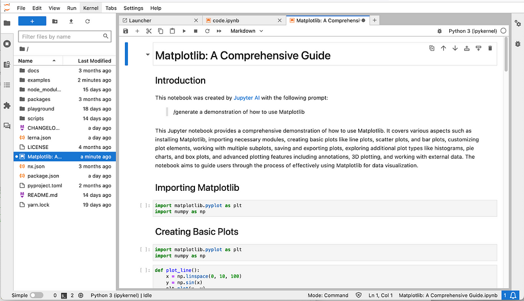 Screenshot of JupyterLab showing “Matplotlib: A Comprehensive Guide”, a Jupyter notebook generated by Jupyter AI