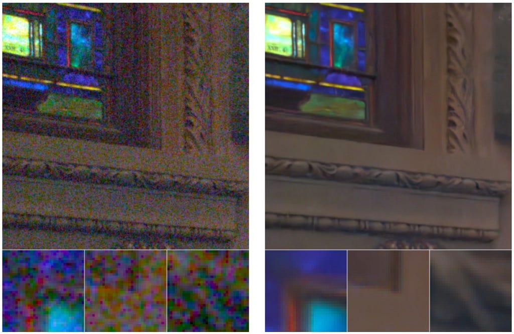 Before and after demonstration of denoising enhance AI
